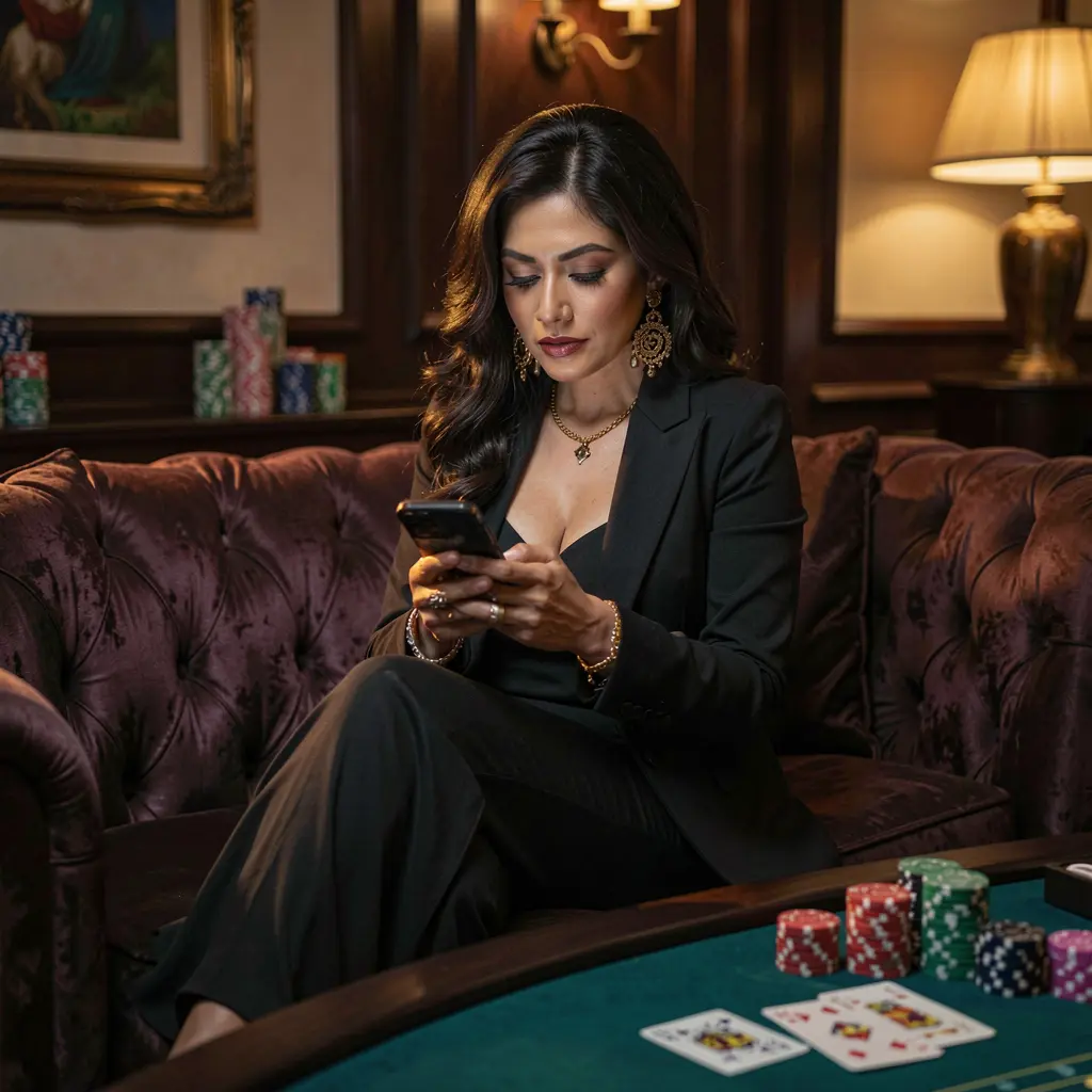 Fashionable Mexican woman relaxing on a sofa while using the ZS8 casino app surrounded by glowing chips and cards