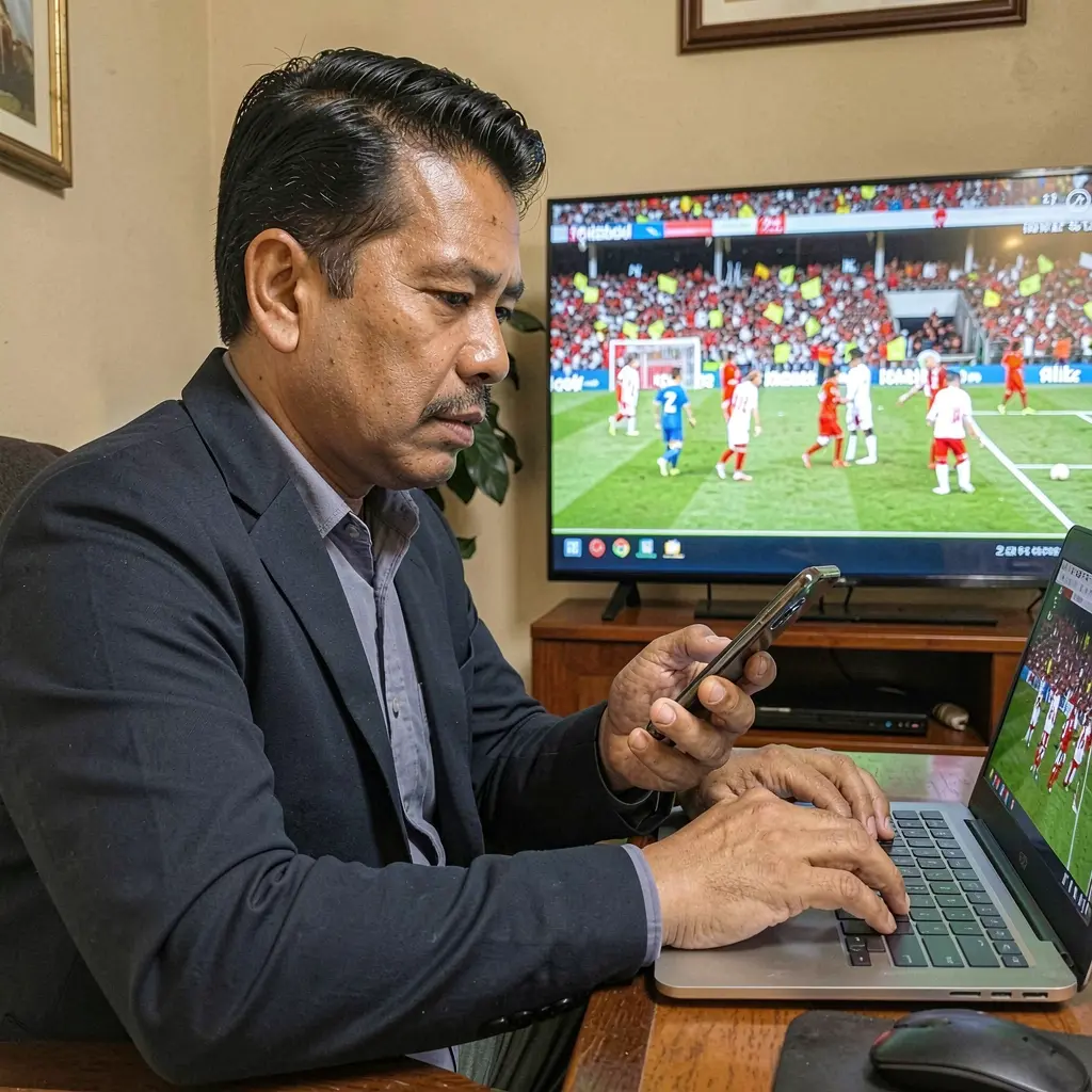ZS8 Bet – Place live soccer bets online with confidence in Mexico Focused Mexican sports bettor using a laptop and smartphone at home while watching live soccer highlights and placing bets with ZS8